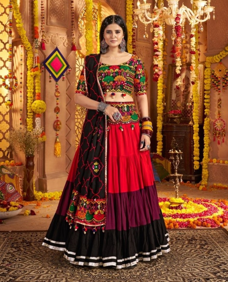 11022 - Delicate Red Mirror Work Navratri Wear Lehenga Choli With Dupatta